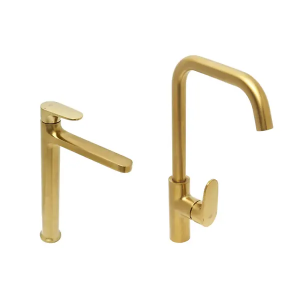Satisfait Ou Remboursé Dark set mitigeur lavabo XL + mitigeur cuisine avec bras pivotant, or brossé (SATBSDA285BZ) SWISS AQUA TECHNOLOGIES