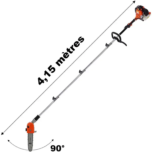 Haute Qualité Élagueuse thermique sur perche avec tête orientable, 52 cm3, 3 CV, longueur 4.15 mètres GT GARDEN