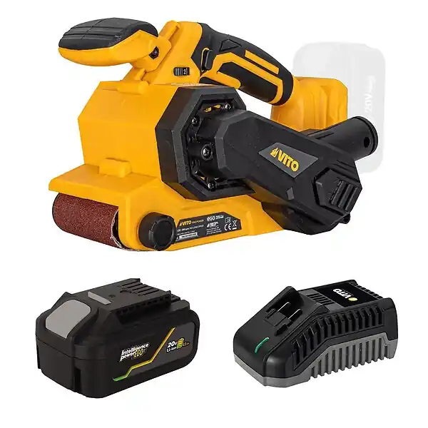 Dernier Modèle Ponceuse à bande 20V + Batterie Lithium 4Ah Ponçage 76 x 120 mm VITO