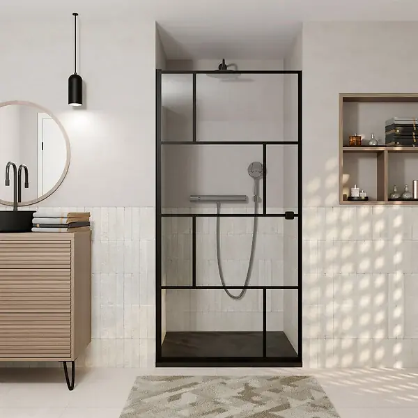 Porte de douche Pivotante Sérigraphie Briques 80x180 cm - Profilé Noir Mat AURLANE Meilleur Prix