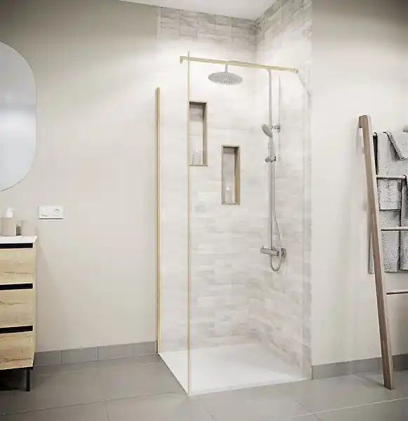 Retour pour Porte de Douche 90x195cm Verre Trempe 8mm Anticalcaire - Alu Or Brosse - GOLD ELEMENTARY AURLANE Jusqu'à Épuisement Des Stocks