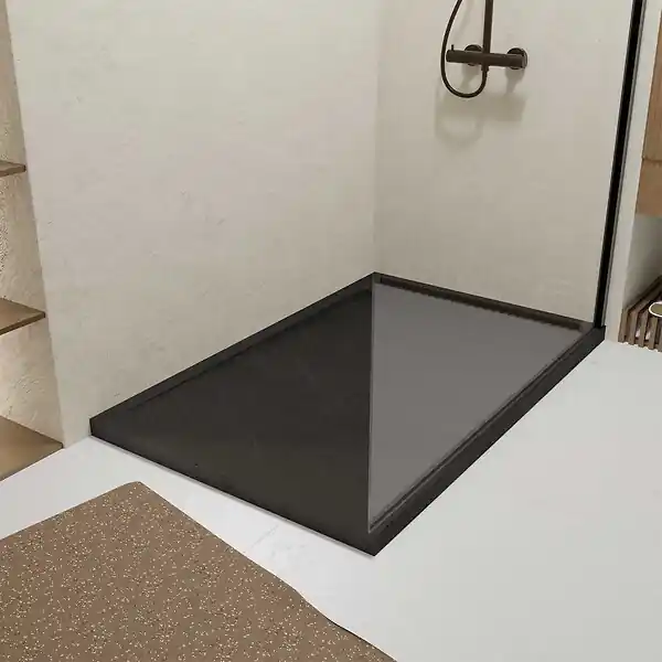 Receveur en acrylique Noir Effet Pierre 80x120x4 cm + Grilles Linéaires Chrome et Noire Mate AURLANE Offre Exclusive