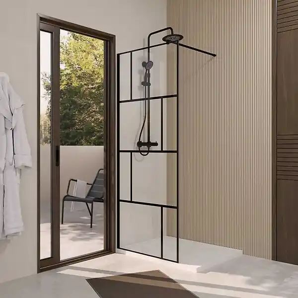 Marque Paroi de Douche Serigraphie Briques 80x195cm - Verre Anticalcaire 8mm - Profilé Noir Mat AURLANE