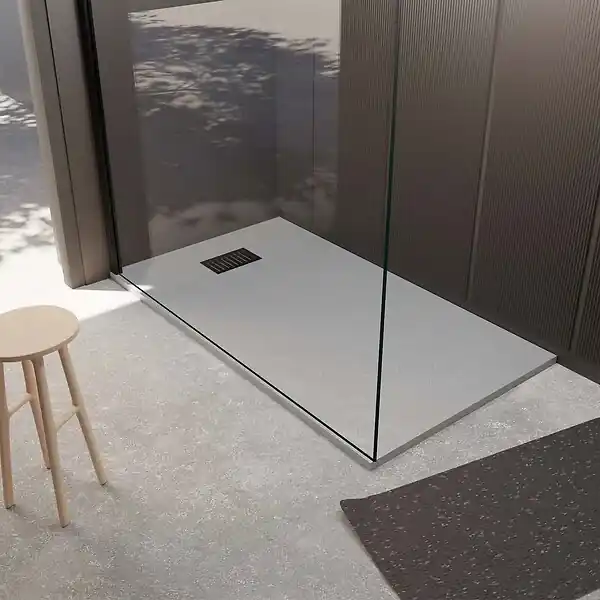 Receveur de douche Gris Effet Pierre 90x140 cm et Grille décor Linéaire Noire Mate AURLANE Prix Cassé