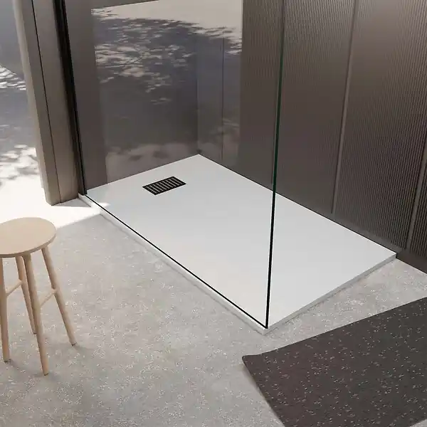 Meilleure Vente Receveur de douche Blanc Effet Pierre 90x140 cm et Grille décor Linéaire Noire Mate AURLANE