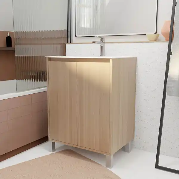 Achetez Aujourd'hui Pack Meuble Salle de Bains 60 cm Chêne Clair, 2 portes avec Vasque Céramique - XENOS AURLANE