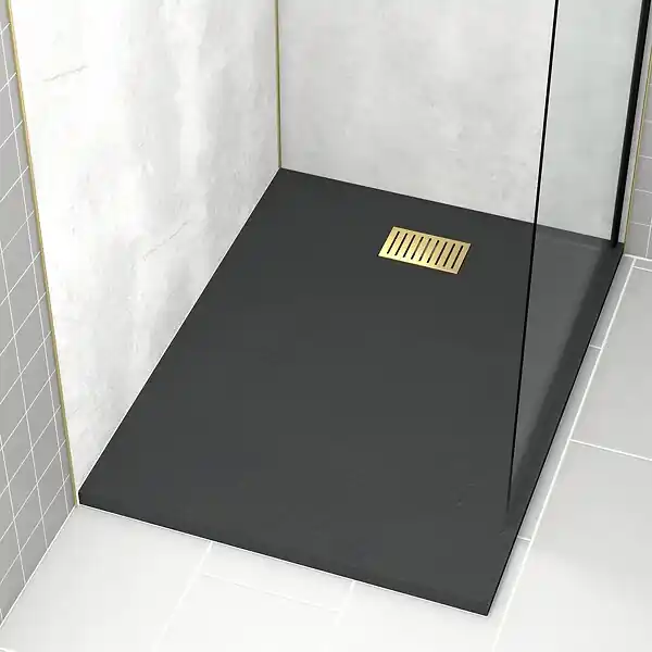 Receveur de douche Noir Effet Pierre 90x120 cm et Grille décor Linéaire Or Doré Brossé AURLANE Bon Marché
