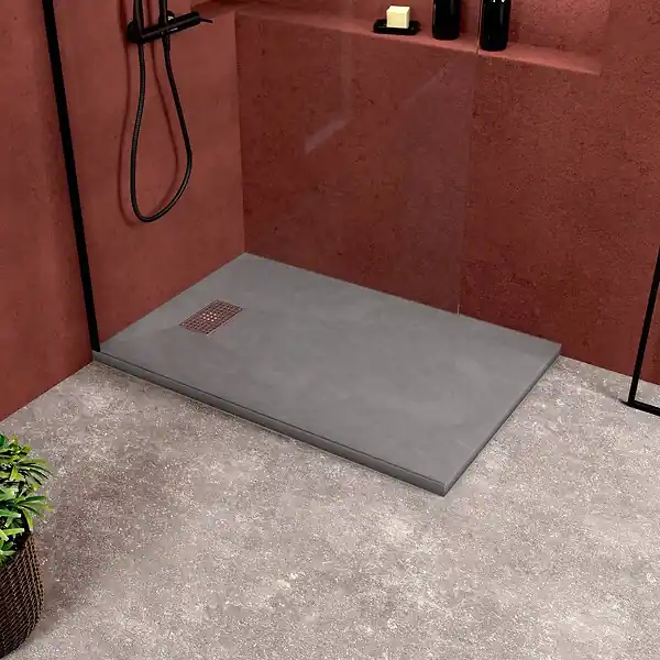 Nouvelle Collection Receveur de douche Gris Effet Pierre 90x140 cm et Grille décor Perforée en Inox AURLANE
