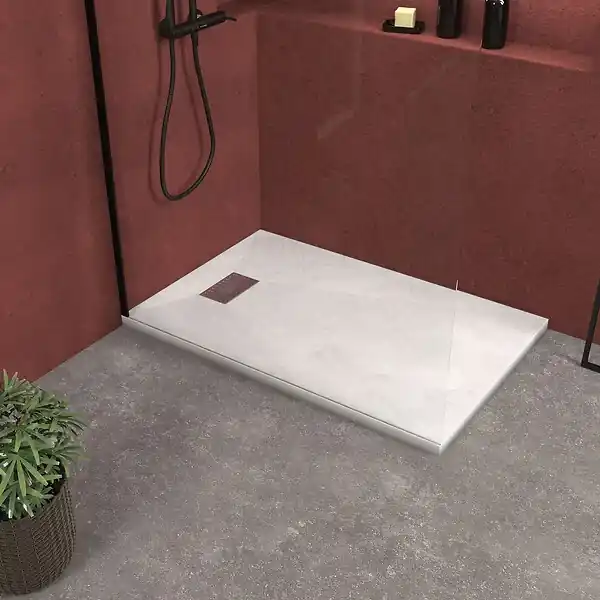 Receveur de douche Blanc Effet Pierre 90x140 cm et Grille décor Linéaire en Inox AURLANE Nouvel Arrivage