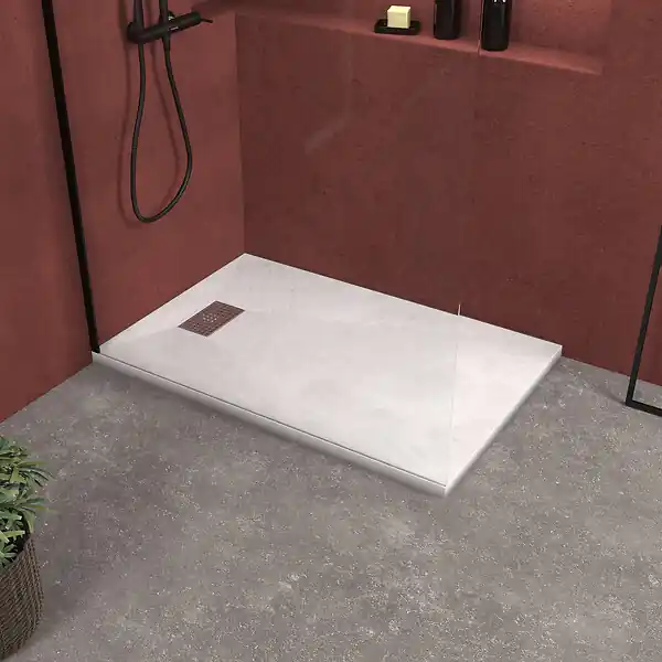 Remise Receveur de douche Blanc Effet Pierre 90x140 cm et Grille décor Perforée en Inox AURLANE
