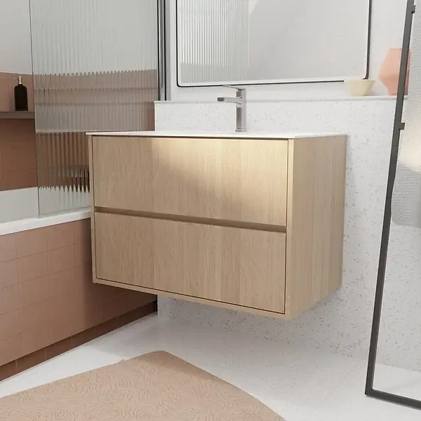 Pack Meuble Salle de Bains 80 cm Chêne Clair, 2 tiroirs avec Vasque Céramique - XENOS AURLANE Promotion