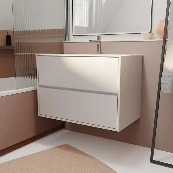 Promotion Saisonnière Pack Meuble Salle de Bains 80 cm Laqué Blanc, 2 tiroirs avec Vasque Céramique - XENOS AURLANE