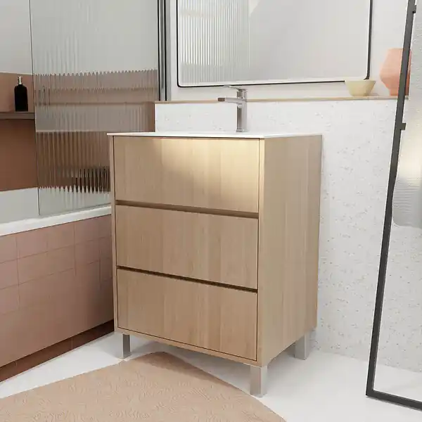 Meilleure Vente Pack Meuble Salle de Bains 60 cm Chêne Clair, 3 tiroirs avec Vasque Céramique - XENOS AURLANE