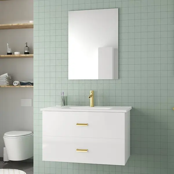 Jusqu'à Épuisement Des Stocks Meuble Salle de Bains 80 cm Laqué Blanc et Or Doré à Tiroirs avec Vasque Céramique et Miroir AURLANE