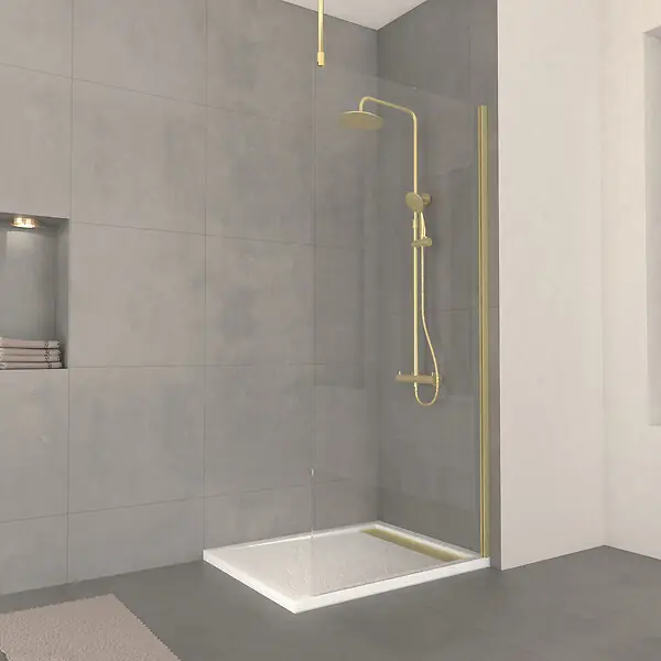 Vente Directe Paroi de Douche 90x200cm Verre 8mm - Profilé + Barre Plafond Finition Or Brossé - FREEDOM 2 GOLD AURLANE