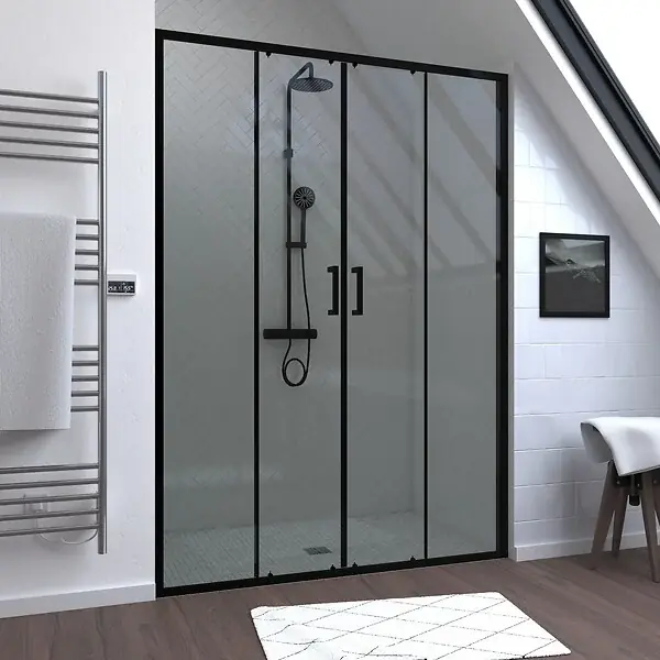Marque Porte de douche Double Coulissant 140x200 cm - Verre transparent - Profilé Noir - CRUSH AURLANE