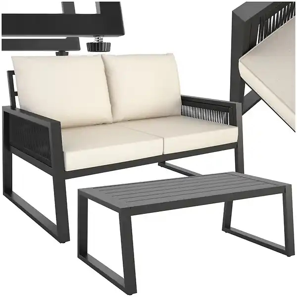 Expédié Aujourd'hui Salon de jardin aluminium anthracite 2 places canapé table basse coussins imperméables housses amovibles design corde mobilier extérieur TECTAKE