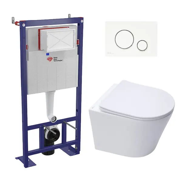 Promotion Pack WC bâti-autoportant + WC SAT Infinitio sans bride fixations invisibles + Abattant softclose + Plaque blanche/chrome SWISS AQUA TECHNOLOGIES