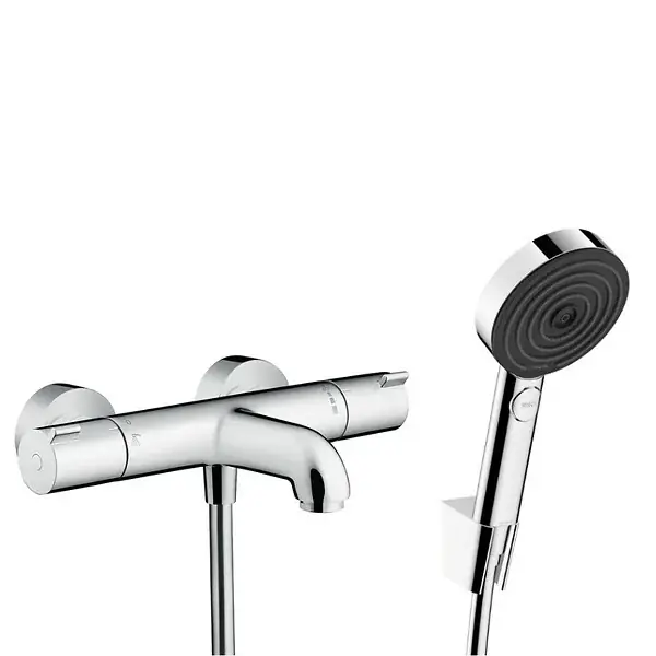 Prix Cassé Hansgrohe Ecostat Set Mitigeur Thermostatique bain/douche + Douchette à main 105mm 3 jets + Flexible douche 160cm + Support mural, Chrome