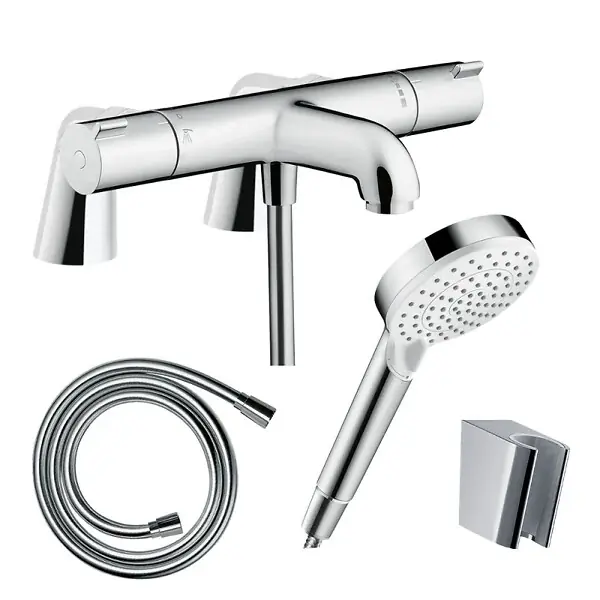 Pack mitigeur bain thermostatique Ecostat + Pommeau Crometta EcoSmart + Flexible Isiflex + Support et colonnettes Chromé HANSGROHE Prix Bas