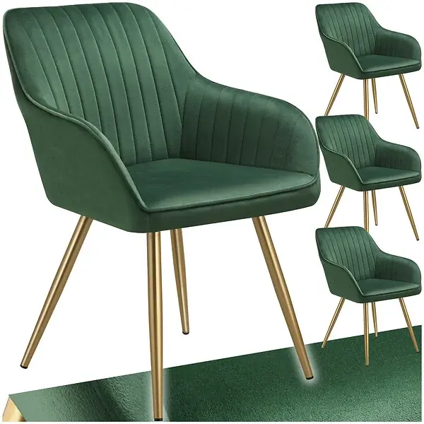 Lot 4 chaises de salle à manger aspect velours matelassé vert/or TECTAKE Top Vente