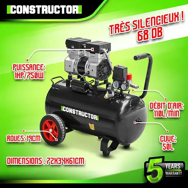 Haute Qualité Compresseur 750W - 50L silencieux - 8 bars CONSTRUCTOR