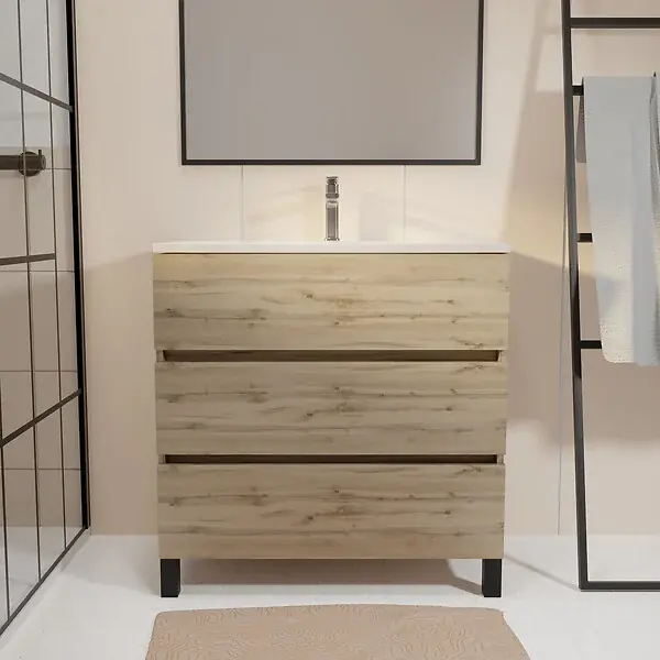 Meuble de salle de bains 70 cm TIMBER - Décor Chêne Naturel 3 tiroirs avec Vasque blanche AURLANE Meilleur Prix