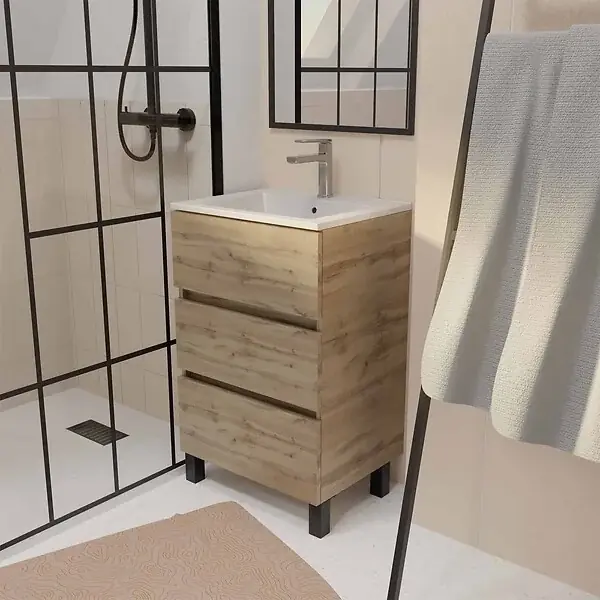 Produit De Marque Meuble de salle de bains 50 cm TIMBER - Décor Chêne Naturel 3 tiroirs avec Vasque blanche AURLANE