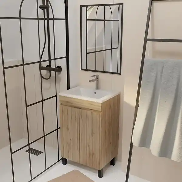 Meuble de Salle de Bains 50 cm Décor Chêne Naturel - Vasque Blanche et Miroir 50x70 avec Cadre Noir AURLANE Meilleure Vente