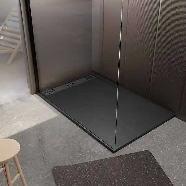 Usine Directe Receveur de douche en résine noir 90x140x3 cm effet pierre granit + grille linéaire gun metal AURLANE
