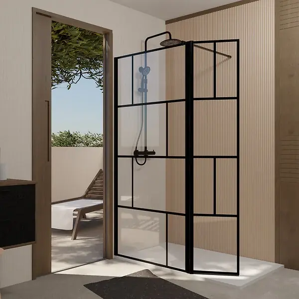 Paroi de Douche avec Volet Pivotant 90+40x195cm - Verre 8mm Anticalcaire - Motifs et Profilés Noir AURLANE Petit Prix
