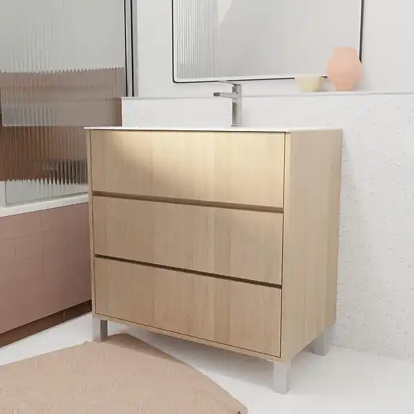 Acheter En Ligne Pack Meuble Salle de Bains 80 cm Chêne Clair, 3 tiroirs avec Vasque Céramique - XENOS AURLANE