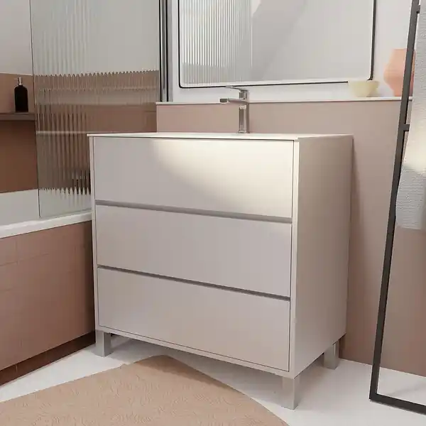 Pack Meuble Salle de Bains 80 cm Laqué Blanc, 3 tiroirs avec Vasque Céramique - XENOS AURLANE Usine Directe