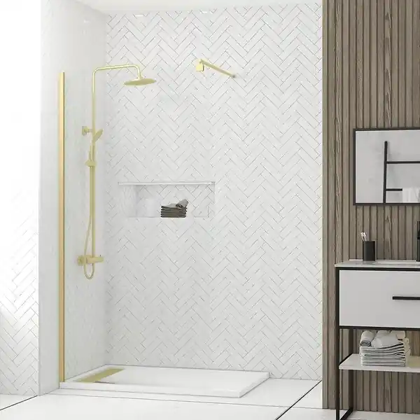 Dernier Modèle Paroi de Douche 100x200cm Verre Transparent - Barre de Fixation Extensible et Profil Or Brossé AURLANE