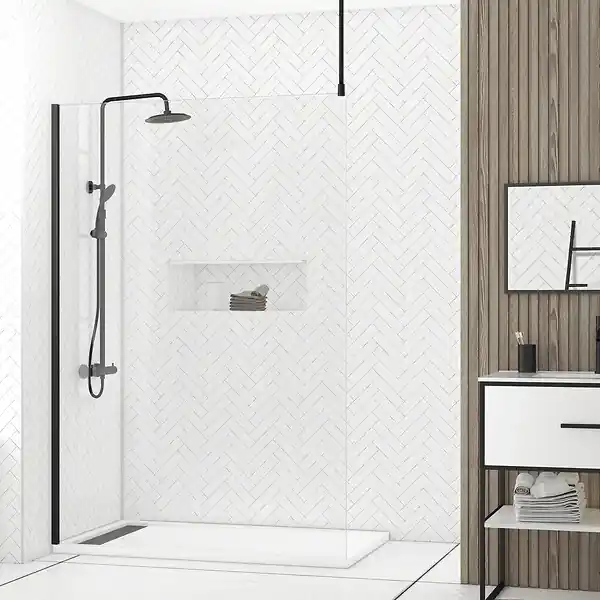 Vente Directe Paroi de Douche 140x200cm Verre Transparent - Profilé + Barre Plafond Noire - FREEDOM 2 BLACK AURLANE