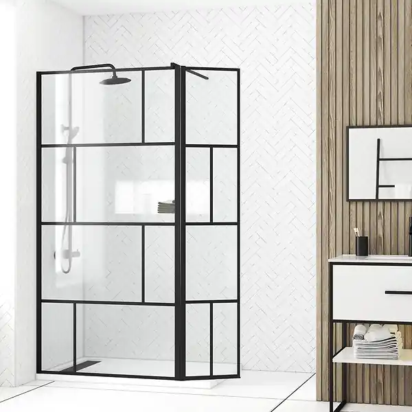 Paroi de douche avec pivot 100+40x195cm - Sérigraphie type Briques et Profilés Noir - DARK BLOCKS AURLANE Meilleur Choix