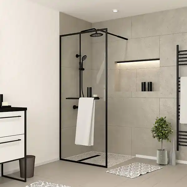 Satisfait Ou Remboursé Paroi de Douche Noir Mat 90x200cm - Porte-serviette et étagère - DARK CONTOURING SHELF AURLANE