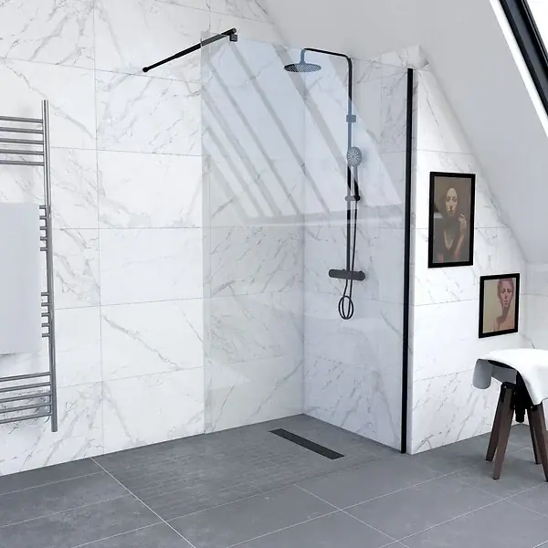 Paroi de Douche 140x200cm Verre Transparent - Barre de Fixation Extensible et Profil Noir AURLANE Commande En Gros