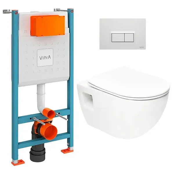 Pack WC Bâti-support V-Fix Core + WC sans bride SAT + Abattant SoftClose + Plaque, Blanc brillant (V-FixProject-1) VITRA Dernière Chance