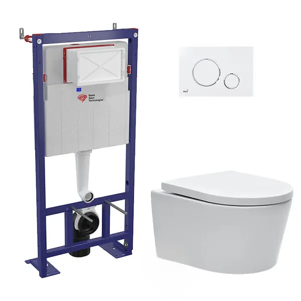 Pack WC bâti-autoportant + WC SAT sans bride fixations invisibles + Abattant softclose + Plaque blanche (SMART-SATrimless-9) SWISS AQUA TECHNOLOGIES Réduction
