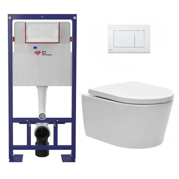 Commander Maintenant Pack WC bâti-autoportant + WC SAT sans bride fixations invisibles + Abattant softclose + Plaque blanche (SMART-SATrimless-M270) SWISS AQUA TECHNOLOGIES