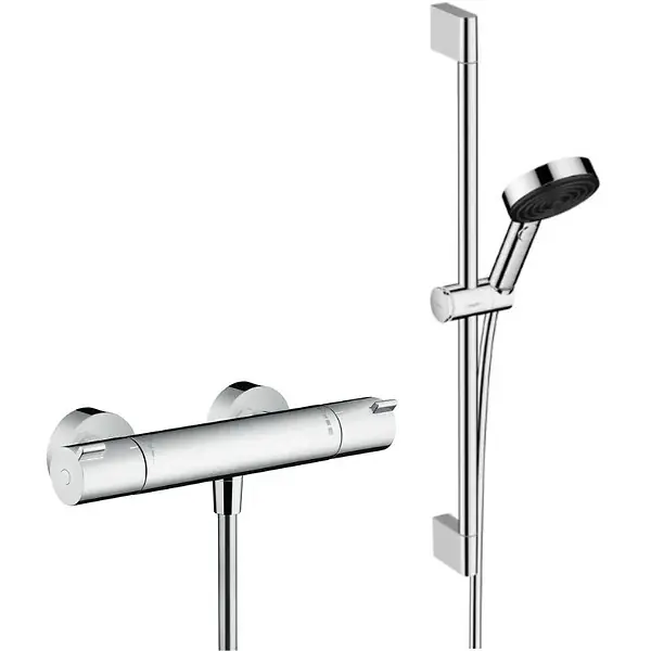 Offre Du Jour Hansgrohe Ecostat Set Mitigeur thermostatique douche + Douchette à main XXL 105mm 3 jets, flexible douche 160cm, barre 65cm