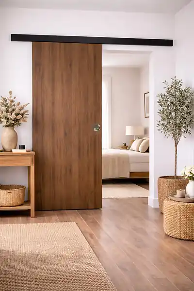 Porte Coulissante Décor Noyer Light Walnut H204 x L73 cm, Rail alu Bandeau noir, coquilles GD MENUISERIES Achat Immédiat