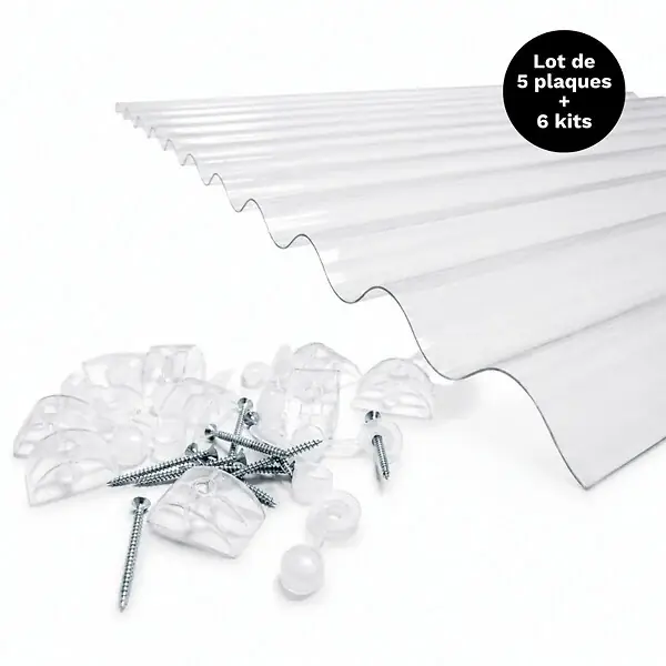 Meilleur Prix Lot 5 plaques polycarbonate ondulées PO 76/18+ 6 kits de fixation Translucide, l.90 cm, L.3 m MCCOVER
