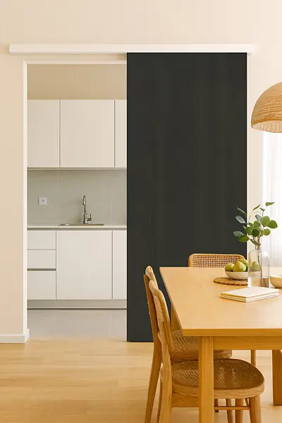 Retour Gratuit Porte Coulissante Effet Chêne Anthracite Grey Oak H204 x L93 cm, Rail alu Bandeau Blanc GD MENUISERIES
