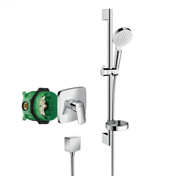 Nouveauté Hansgrohe Logis Pack Mitigeur encastré + Fixfit Square + Barre de douche + Porte-savon + Douchette à main, Chrome (71605000-Crometta2)
