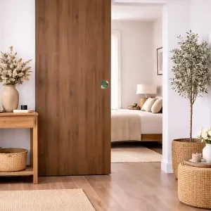 Porte Coulissante Décor Noyer Light Walnut H204 x L73 cm, Rail alu Bandeau Blanc, Coquilles GD MENUISERIES Marque