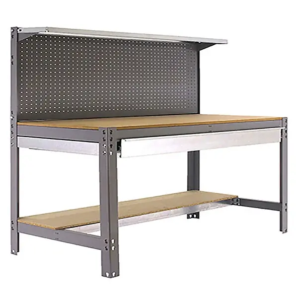 Offre Limitée établi d‘atelier métallique complet SimonRack Simonwork BT3 BOX 1500 gris/bois 1445x1510x610mm, panneau perforé, étagères, large tiroir, charge 600kg SIMONRACK SIMON RACK