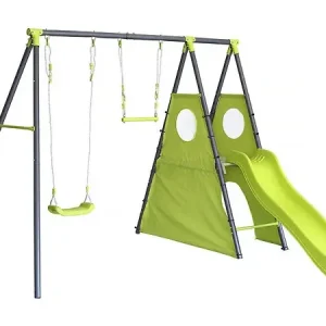 Portique de jeu en métal avec toboggan "Kylian" - 4 agrès - Vert HABITAT ET JARDIN Populaire