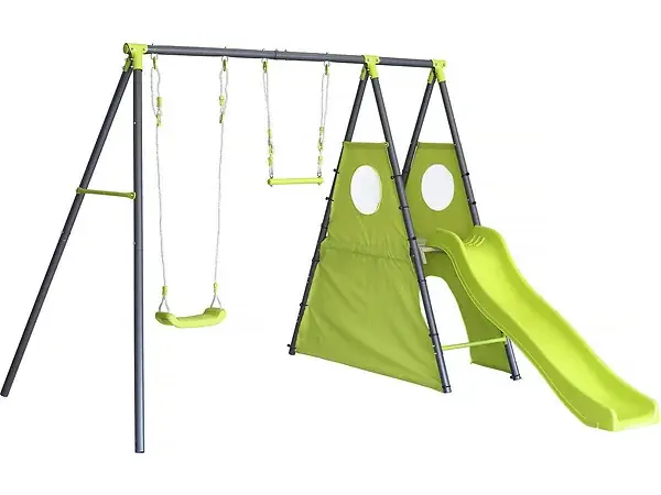 Portique de jeu en métal avec toboggan "Kylian" - 4 agrès - Vert HABITAT ET JARDIN Populaire